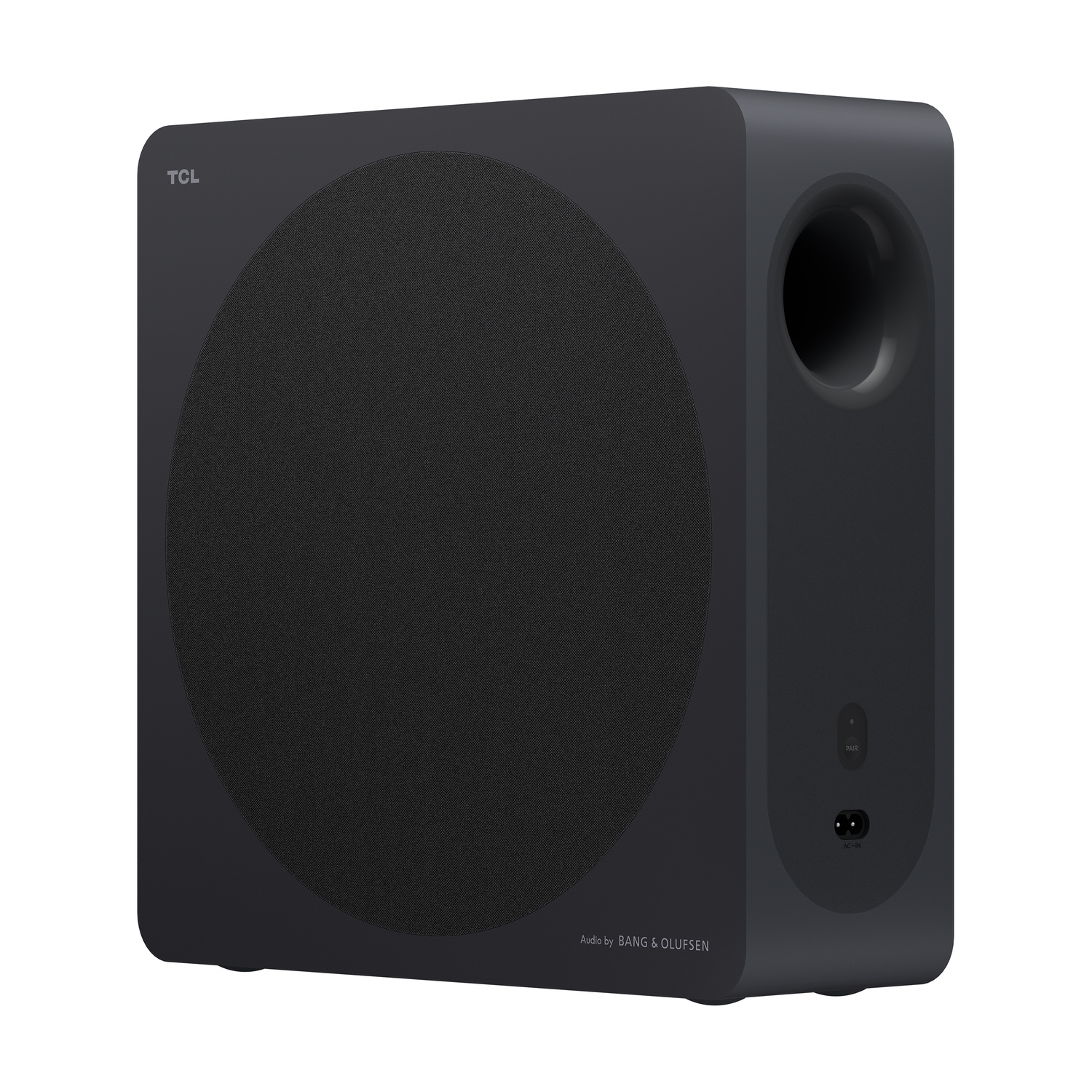 Un subwoofer TCL nero con griglia in tessuto e porta bass reflex.