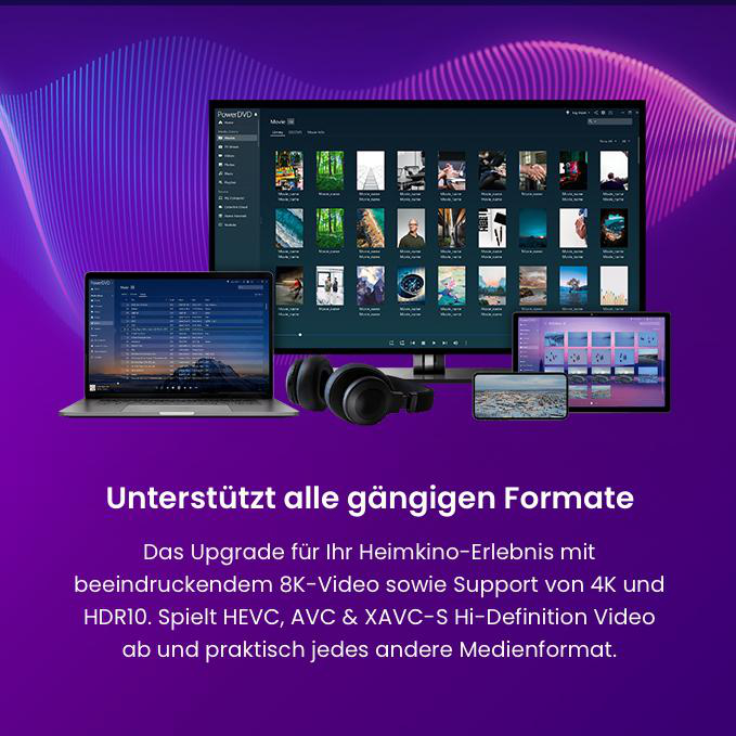 Ein Laptop, Monitor, Tablet, Smartphone und Kopfhörer vor lila Hintergrund.
