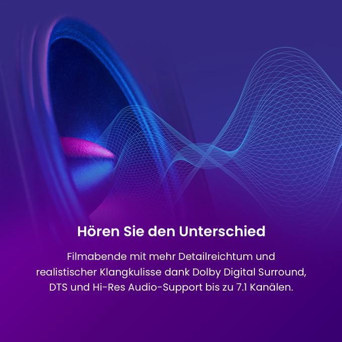 Abstrakte Wellenmuster in Blau und Lila über Text über Audio.
