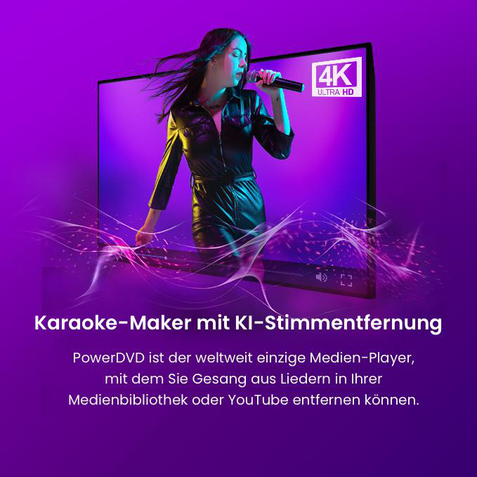 Frau singt mit Mikrofon vor 4K-Bildschirm, KI-Karaoke-Maker mit KI-Stimmentfernung.