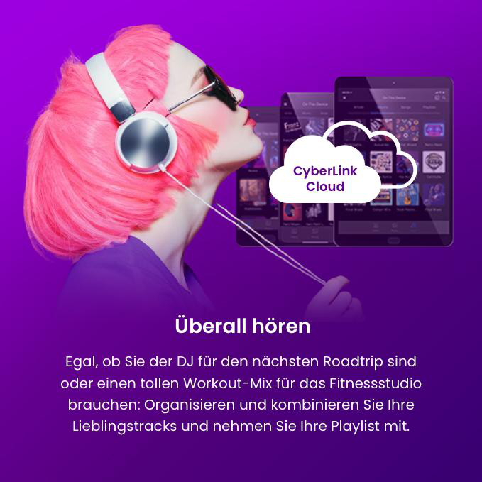 Frau mit pinken Haaren und Kopfhörern hört Musik, daneben Tablets mit Cloud.