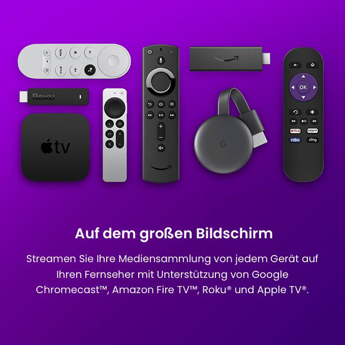 Diverse Streaming-Geräte und Fernbedienungen auf lila Hintergrund.