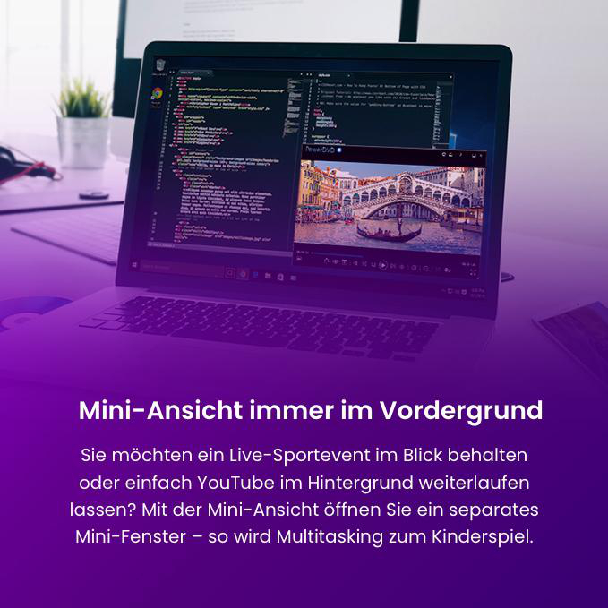 Laptop zeigt Code und ein Bild von Venedig. Lilla Hintergrund.