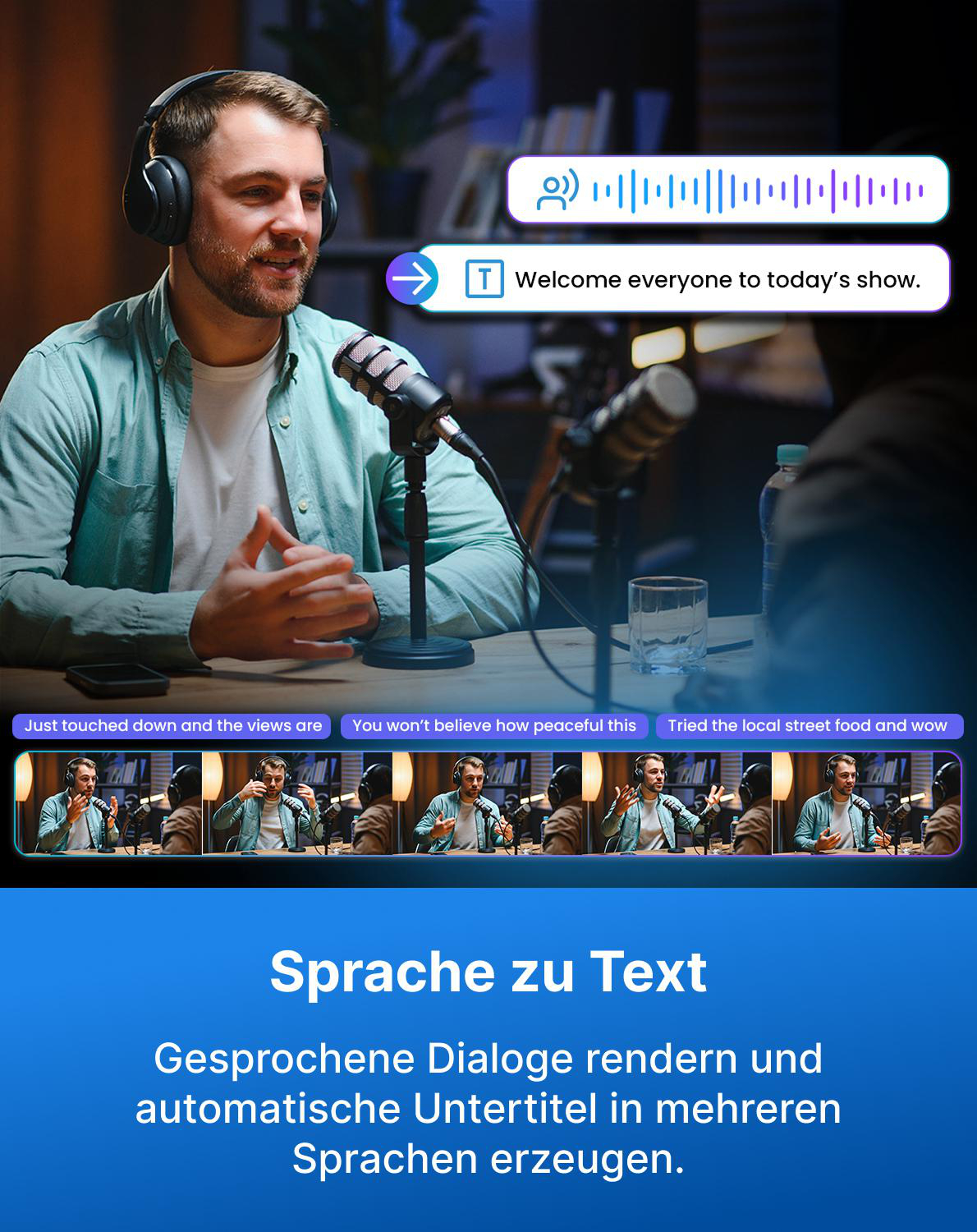 Mann mit Kopfhörern spricht in ein Mikrofon, Text über Sprache-zu-Text-Konvertierung.