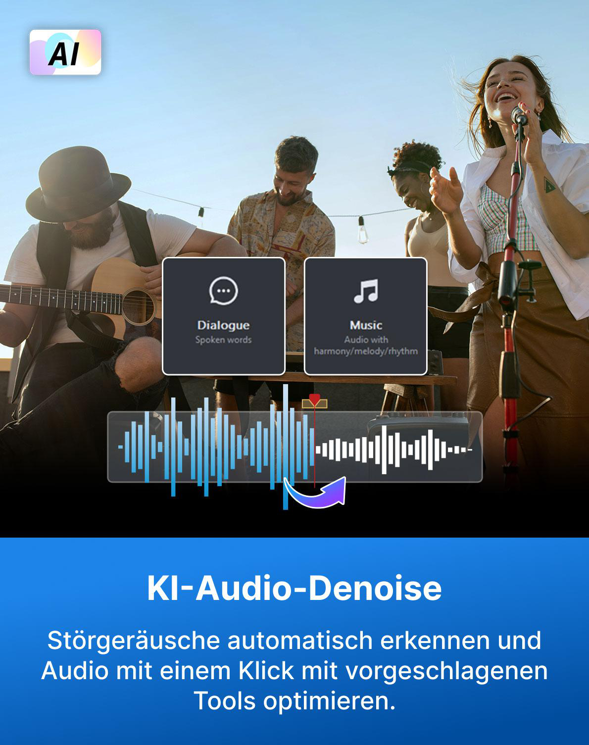 Musiker spielen draußen, mit KI-Audio-Denoise-Grafik.