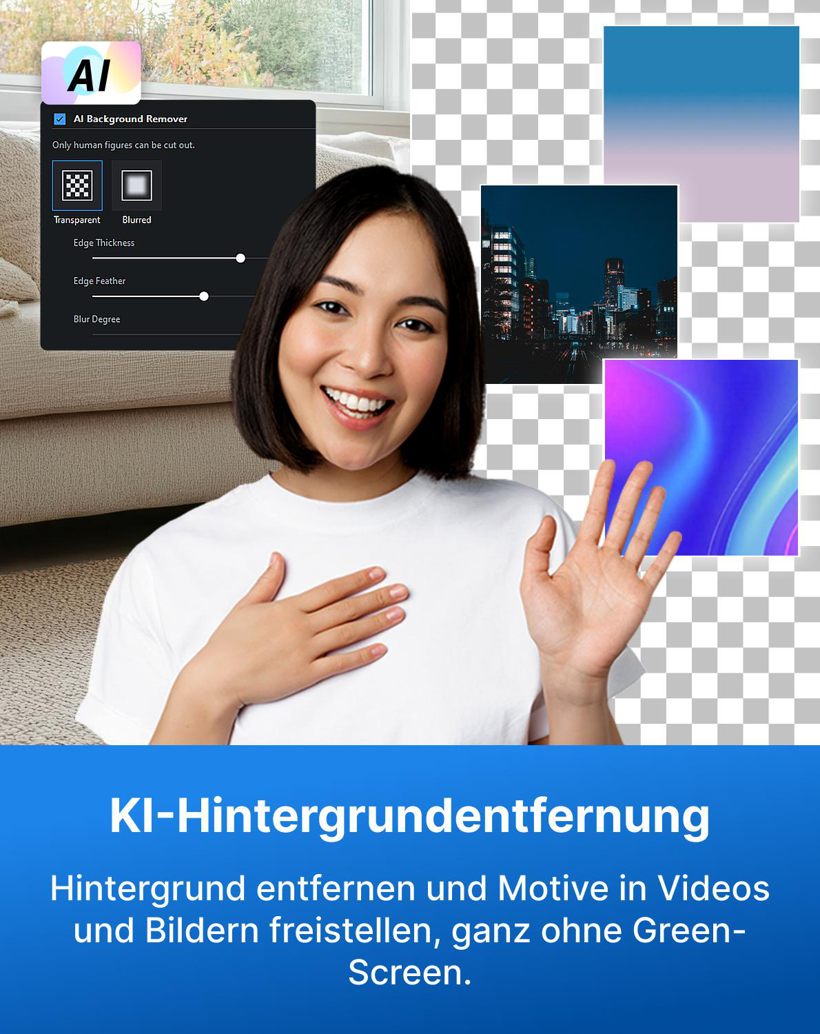 Lächelnde Frau mit KI-Hintergrundentfernungswerkzeug und Stadtsilhouetten.
