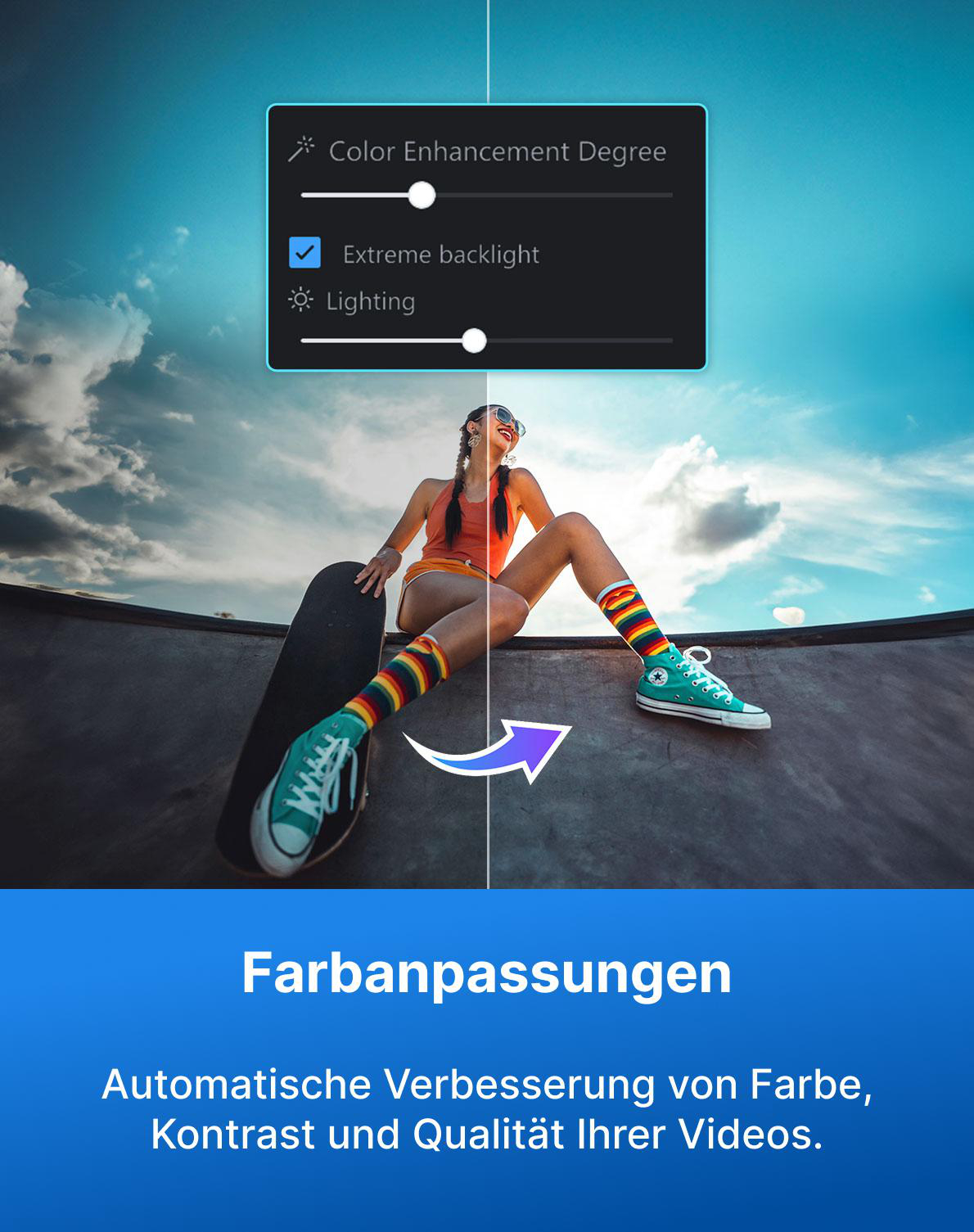 Frau mit Skateboard und bunten Socken, Farbverbesserungs-Interface.