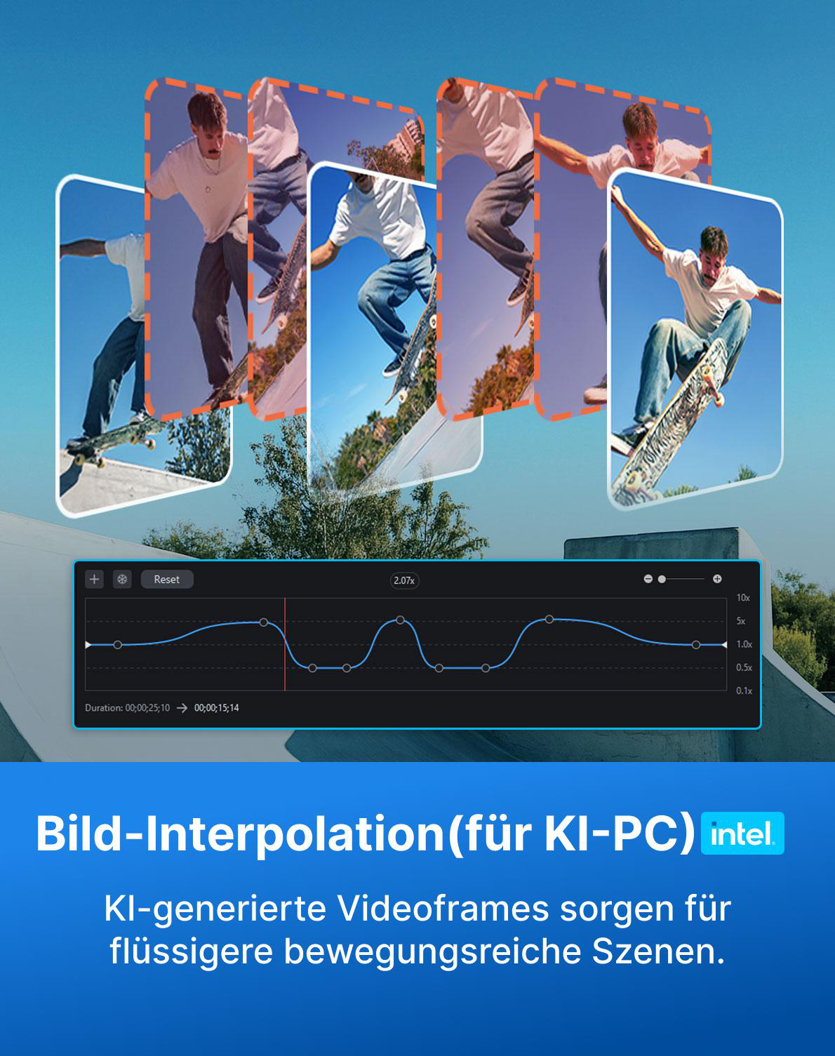 Skateboarder in der Luft, Bildsequenz, Zeitachsen-Diagramm, Intel-Logo.