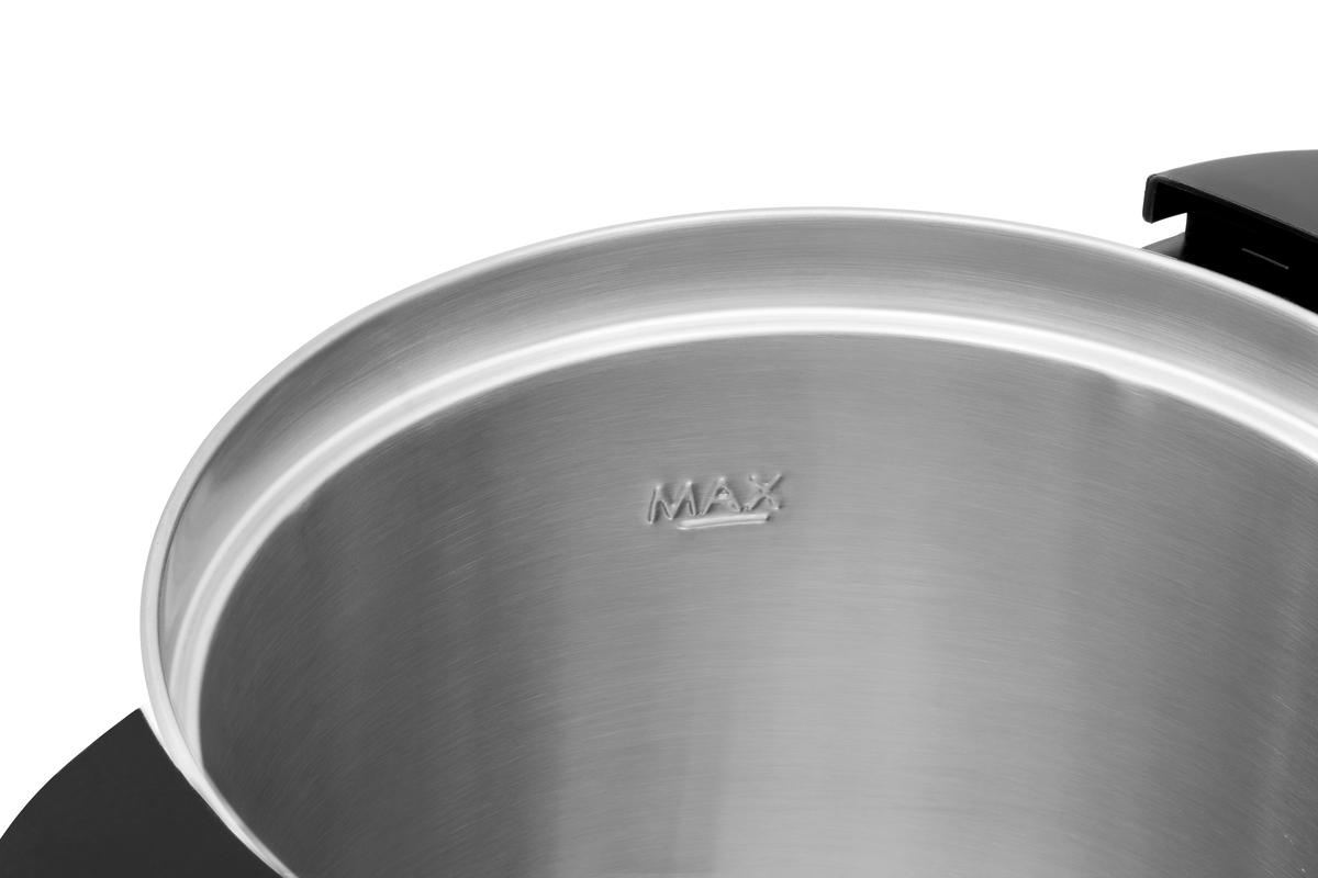 Edelstahlbehälter mit Markierung 'MAX' und schwarzem Griff.