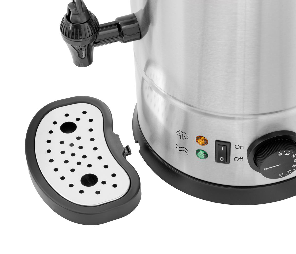 Edelstahl-Wasserkocher mit Zapfhahn, Tropfschale und Temperaturregler.