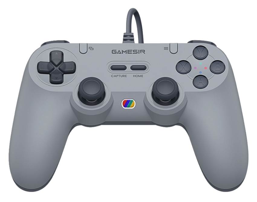 Szary kontroler do gier z przewodem, D-padem, joystickami i przyciskami.