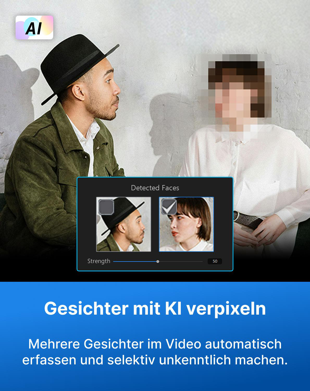 Männer und Frauen werden vom KI-Tool erkannt und verpixelt.