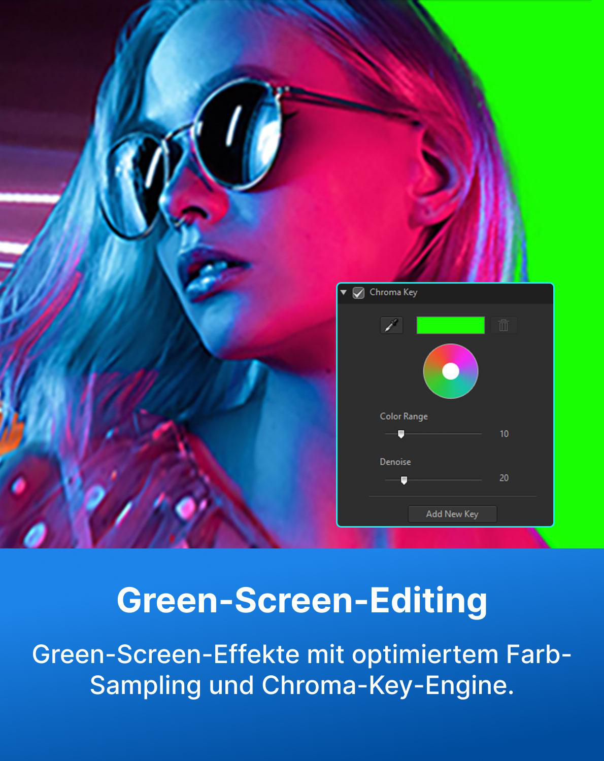 Frau mit Sonnenbrille vor grünem Bildschirm, Chroma Key Interface.