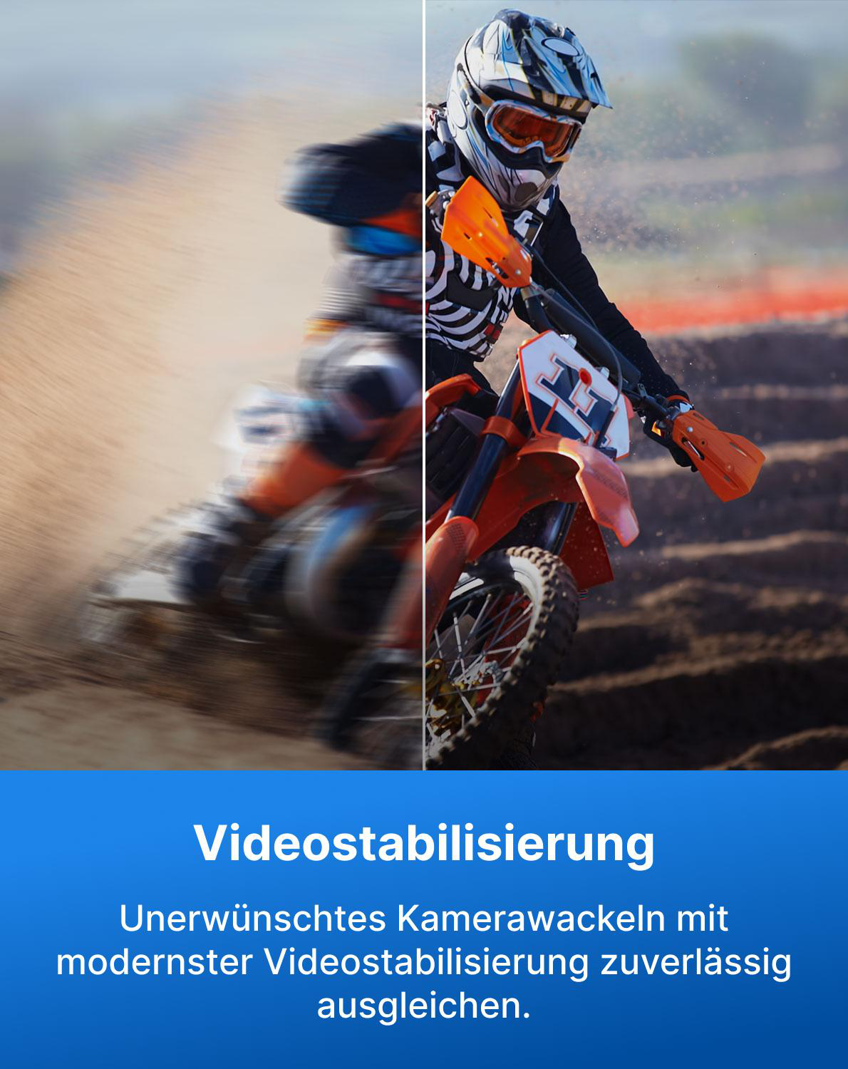 Motorradfahrer auf einer Motocross-Strecke, links unscharf, rechts stabilisiert.