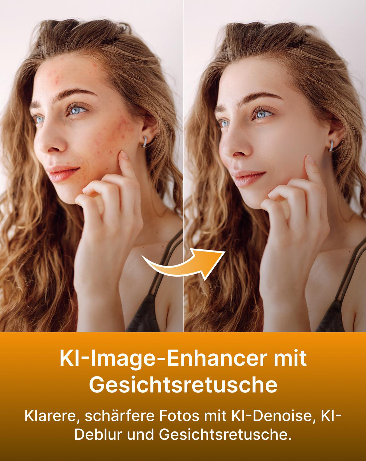 Vorher-Nachher-Vergleich einer Frau mit Hautunreinheiten, die durch KI geglättet wurden.