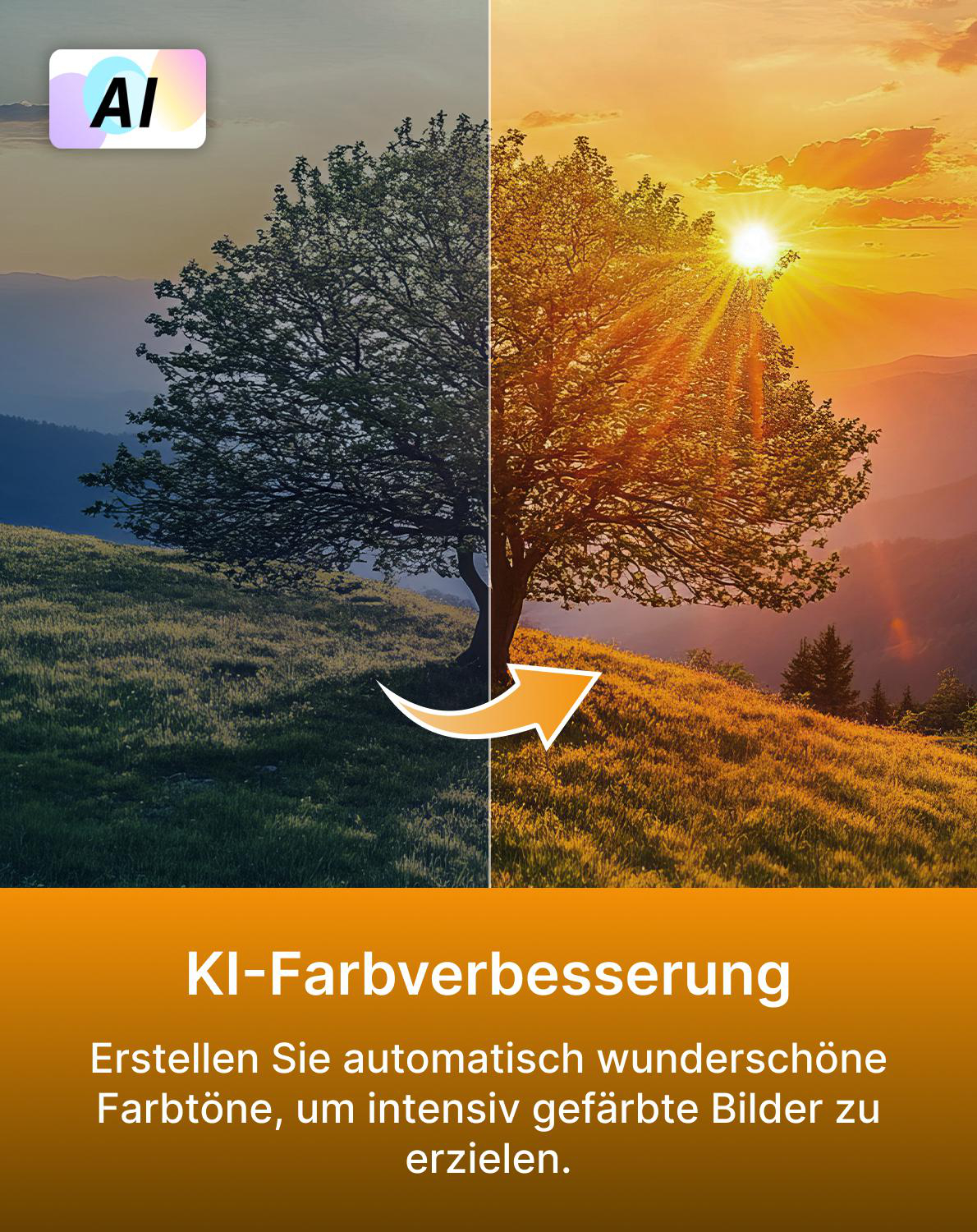 KI-Verbesserung eines Baumes bei Sonnenuntergang, von links nach rechts.