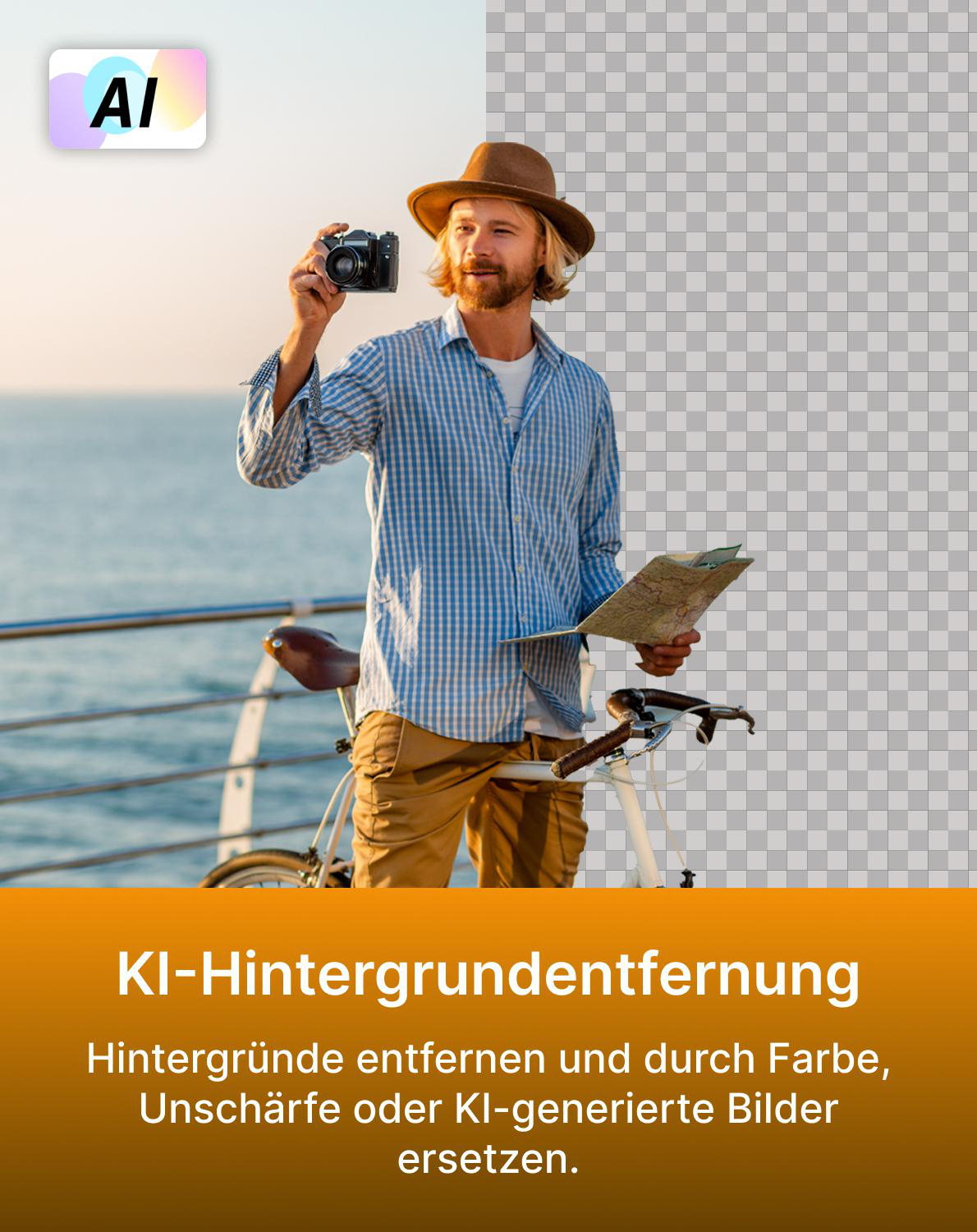 Mann mit Hut, Kamera und Karte, vor transparentem Hintergrund.