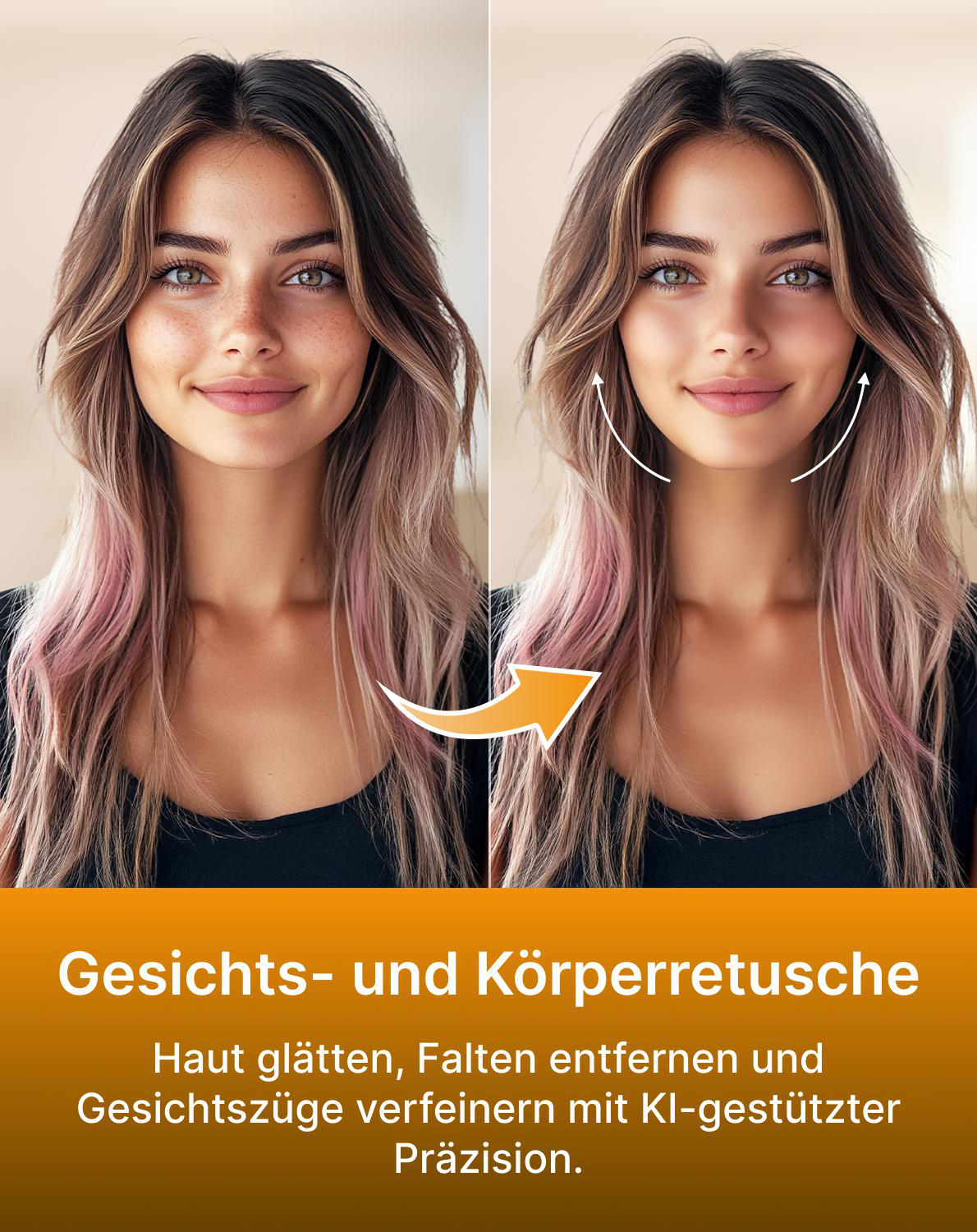 Vorher-Nachher-Bild einer Frau, die Gesichts- und Körperretusche zeigt.