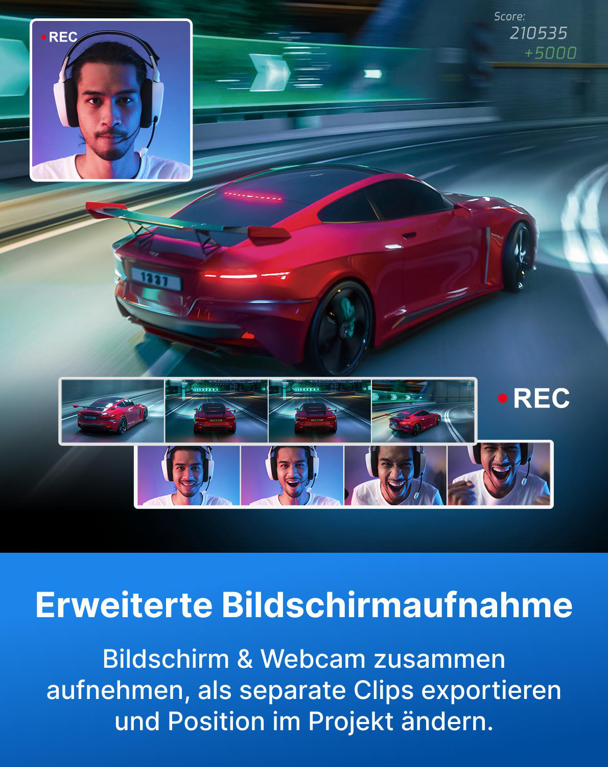 Mann mit Kopfhörern vor einem roten Rennwagen, Gameplay-Aufnahme.