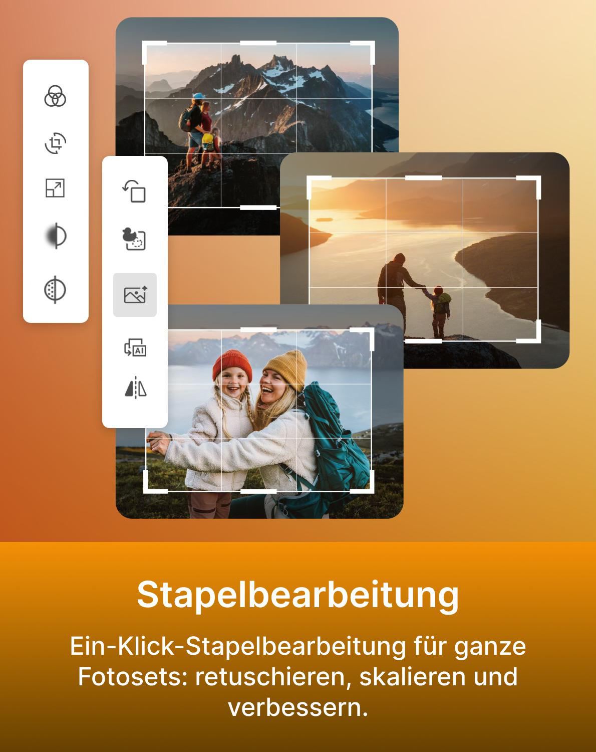 Bildbearbeitungs-App mit Fotos von Bergen, Sonnenuntergang und Kindern.