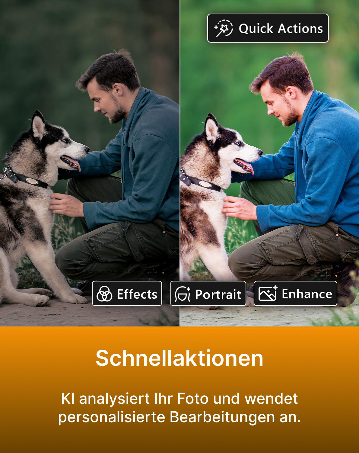 Mann kniet neben Huskydog; links und rechts sind bearbeitete Versionen.