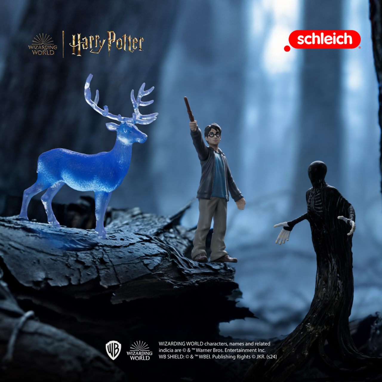 Harry Potter Figur mit Zauberstab, einem Hirsch Patronus und einem Dementor.