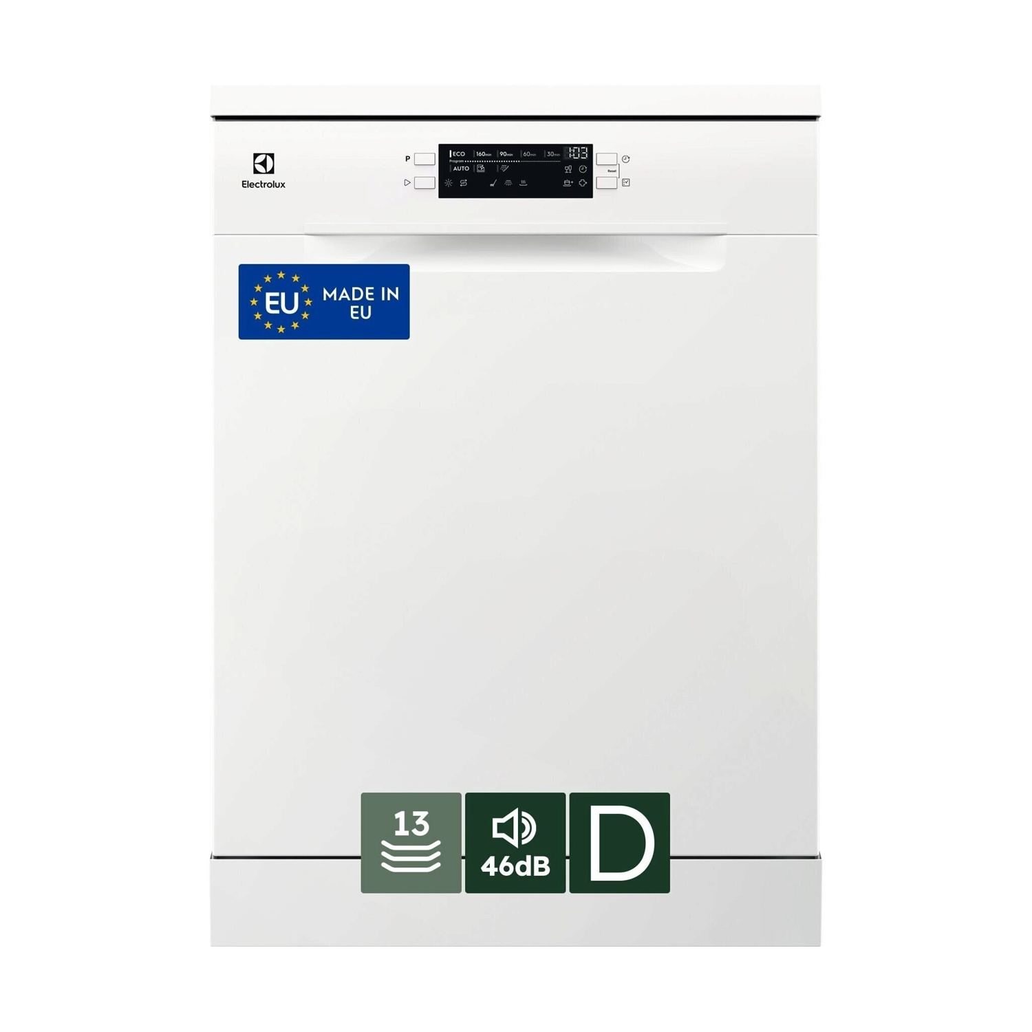 Una lavastoviglie Electrolux bianca con pannello di controllo e adesivo "Made in EU".
