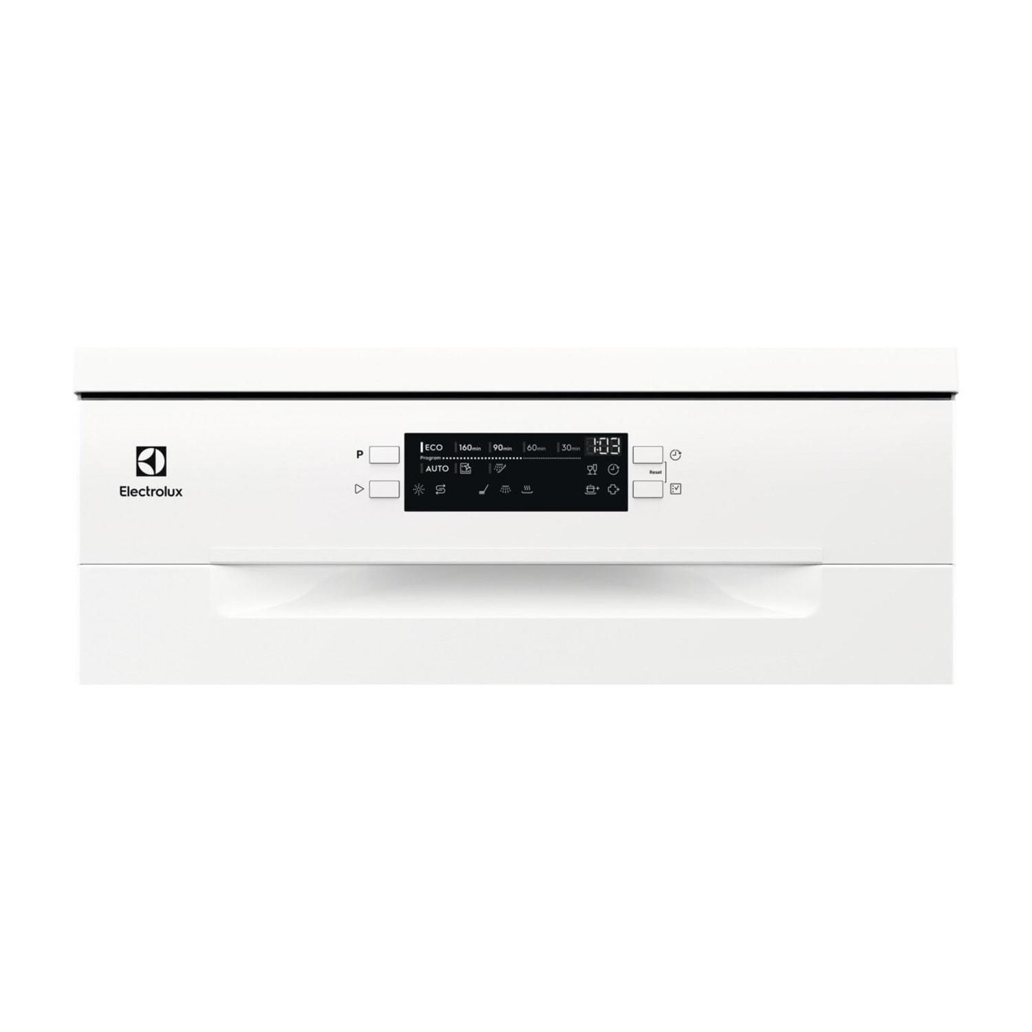 Pannello di controllo lavastoviglie Electrolux bianco con display digitale che mostra ora e opzioni di programma.
