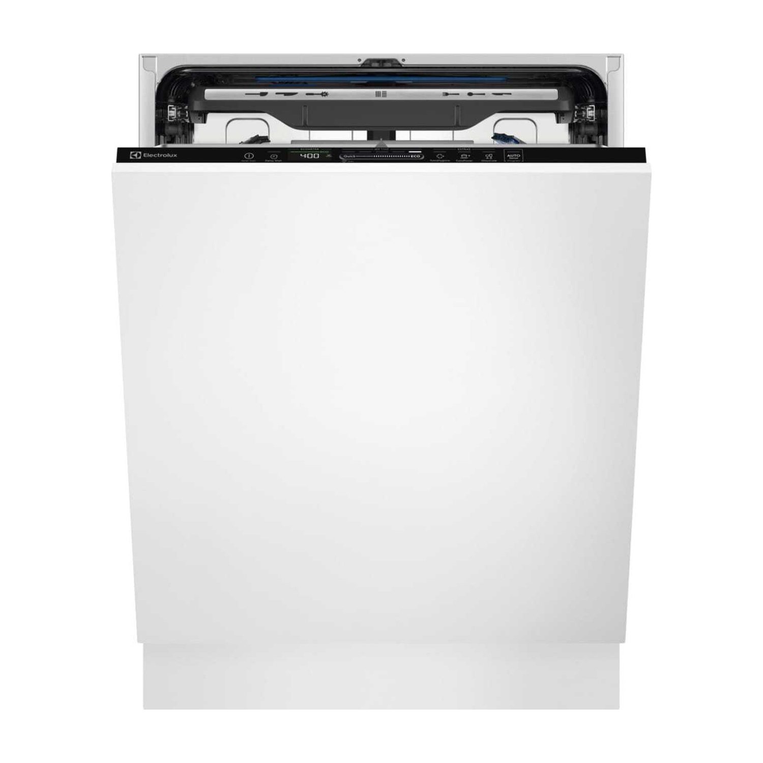 Una lavastoviglie bianca Electrolux con porta aperta, mostra pannello di controllo e interno.