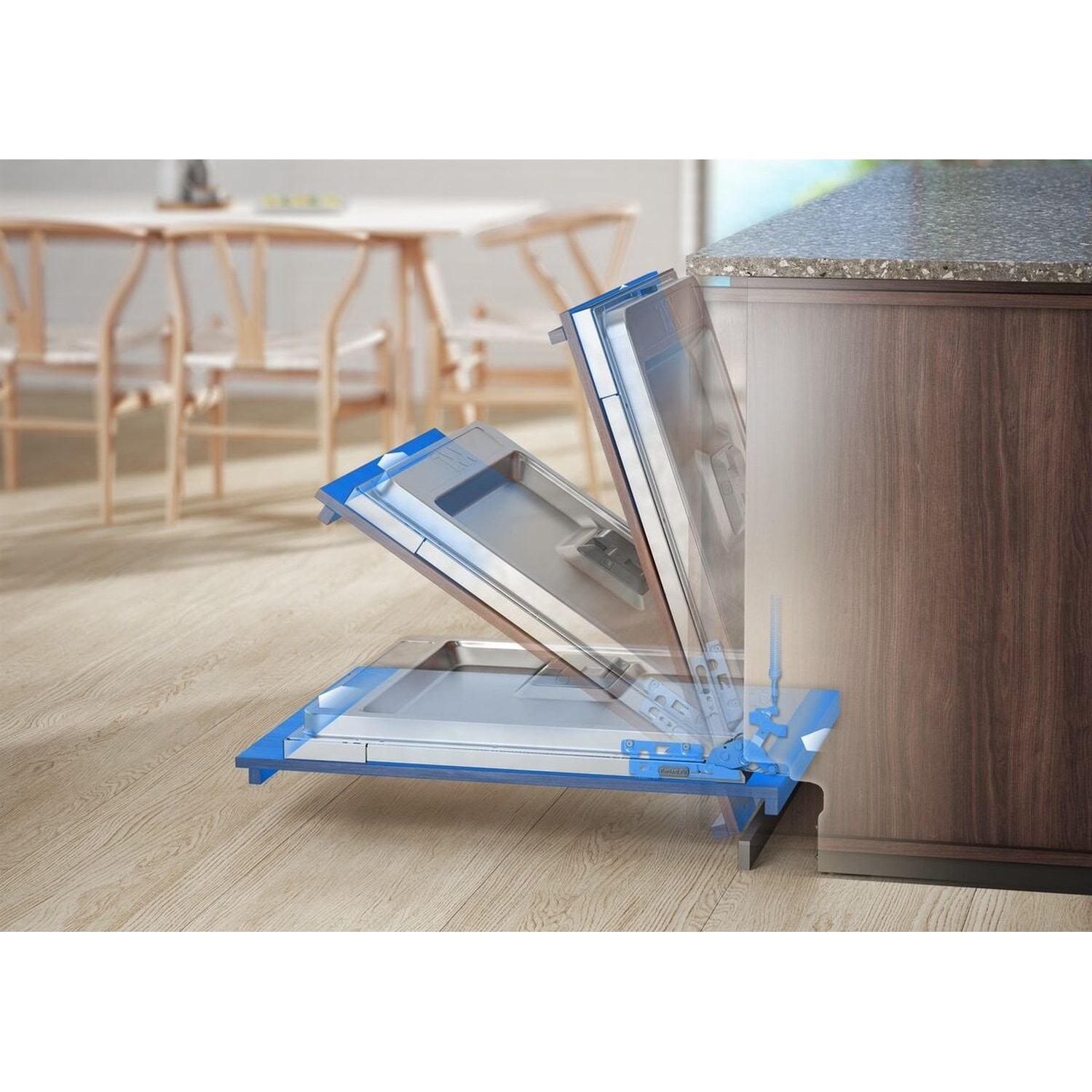 Un cestello estraibile per lavastoviglie con guide blu su pavimento in legno.