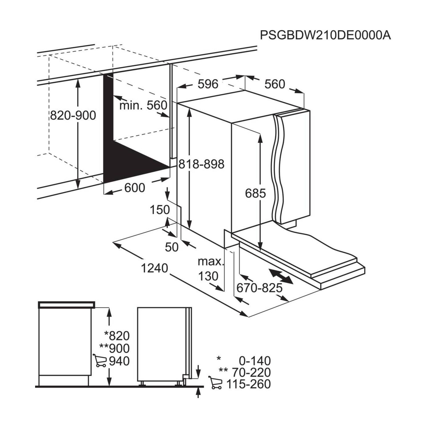 Disegno tecnico di una lavastoviglie con dimensioni e istruzioni di installazione.