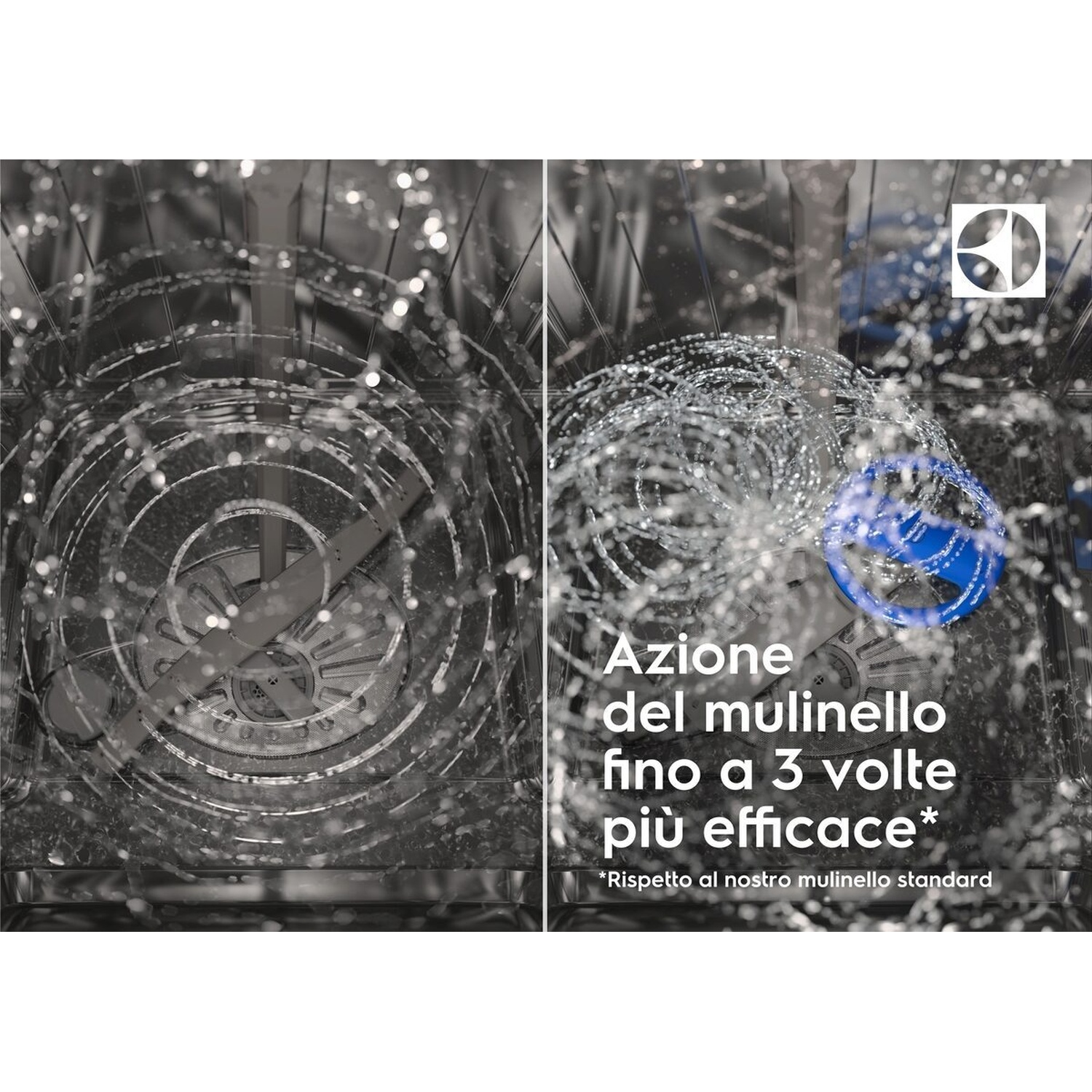 Braccio spruzzatore lavastoviglie con getti d'acqua che colpiscono una sfera blu.