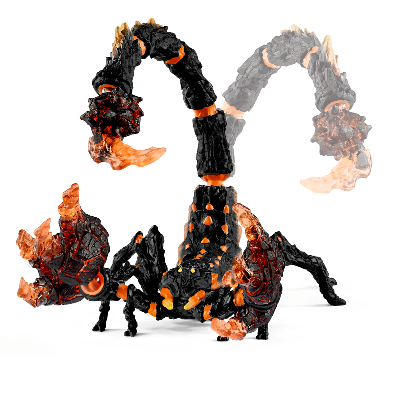 Ein schwarzer Skorpion-Roboter mit orangefarbenen Glüheffekten und transparenten Teilen.