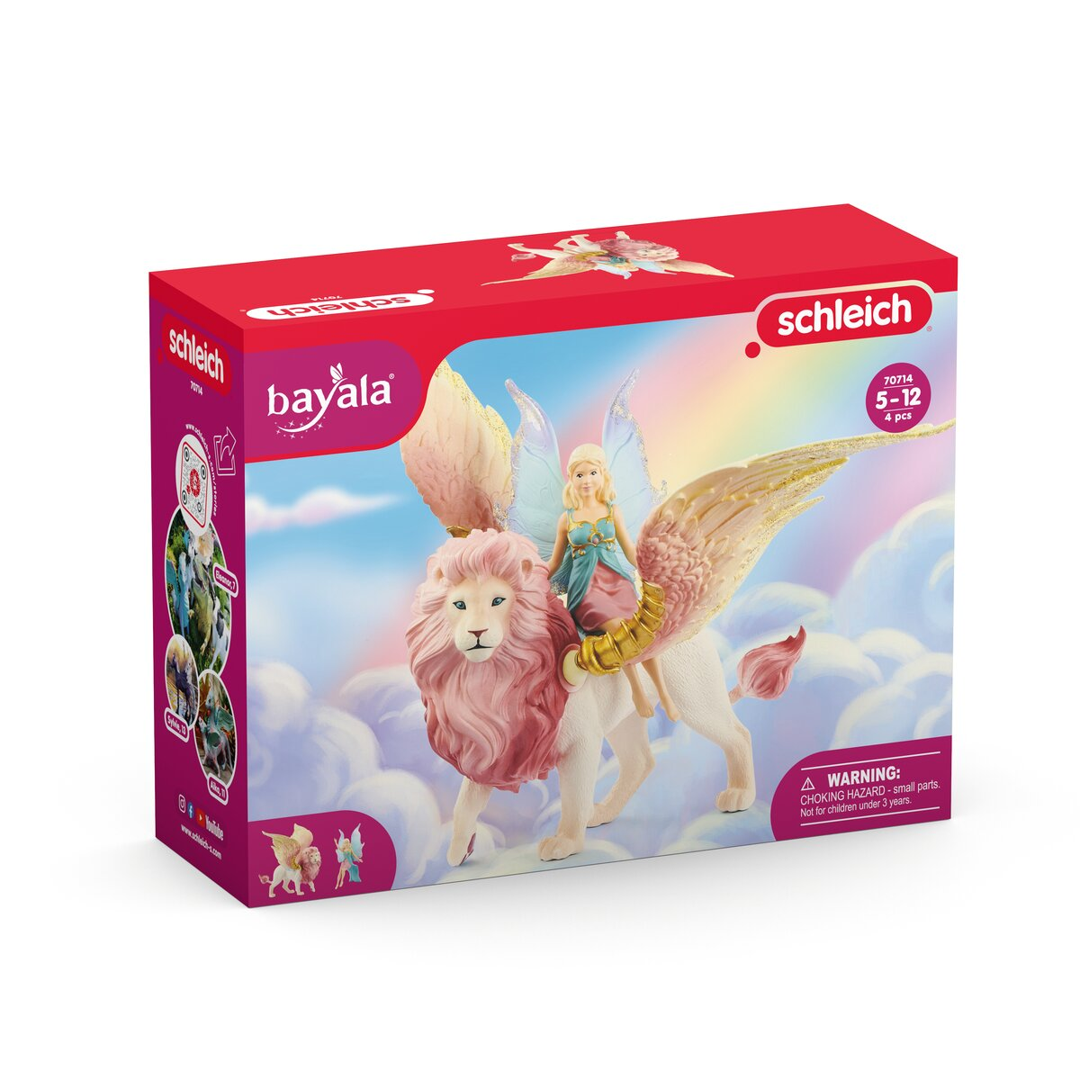 Schleich bayala Spielzeugkiste: rosafarbener Löwe mit Flügeln, Feenreiter, Regenbogenhimmel.