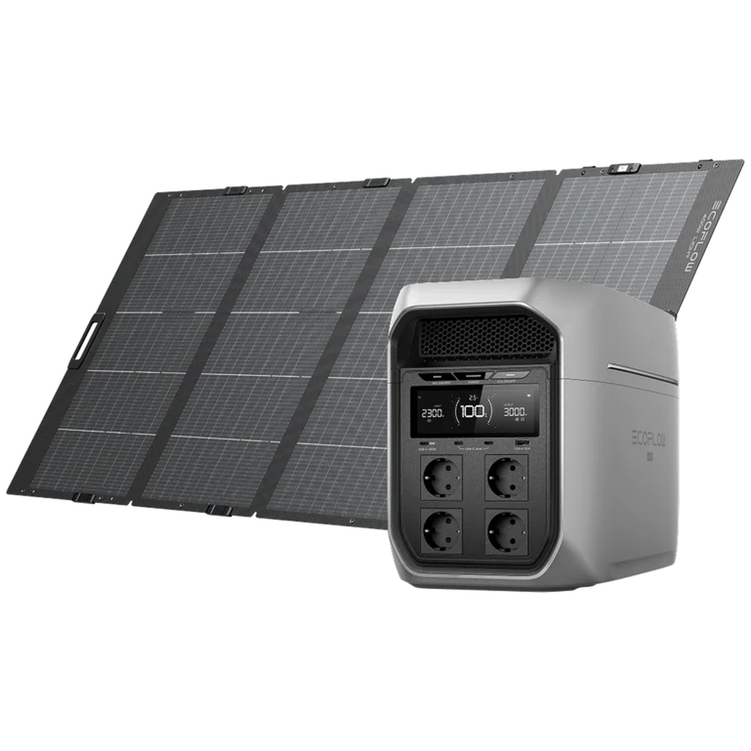 Gray power station next to unfolded solar panel with four outlets and display.