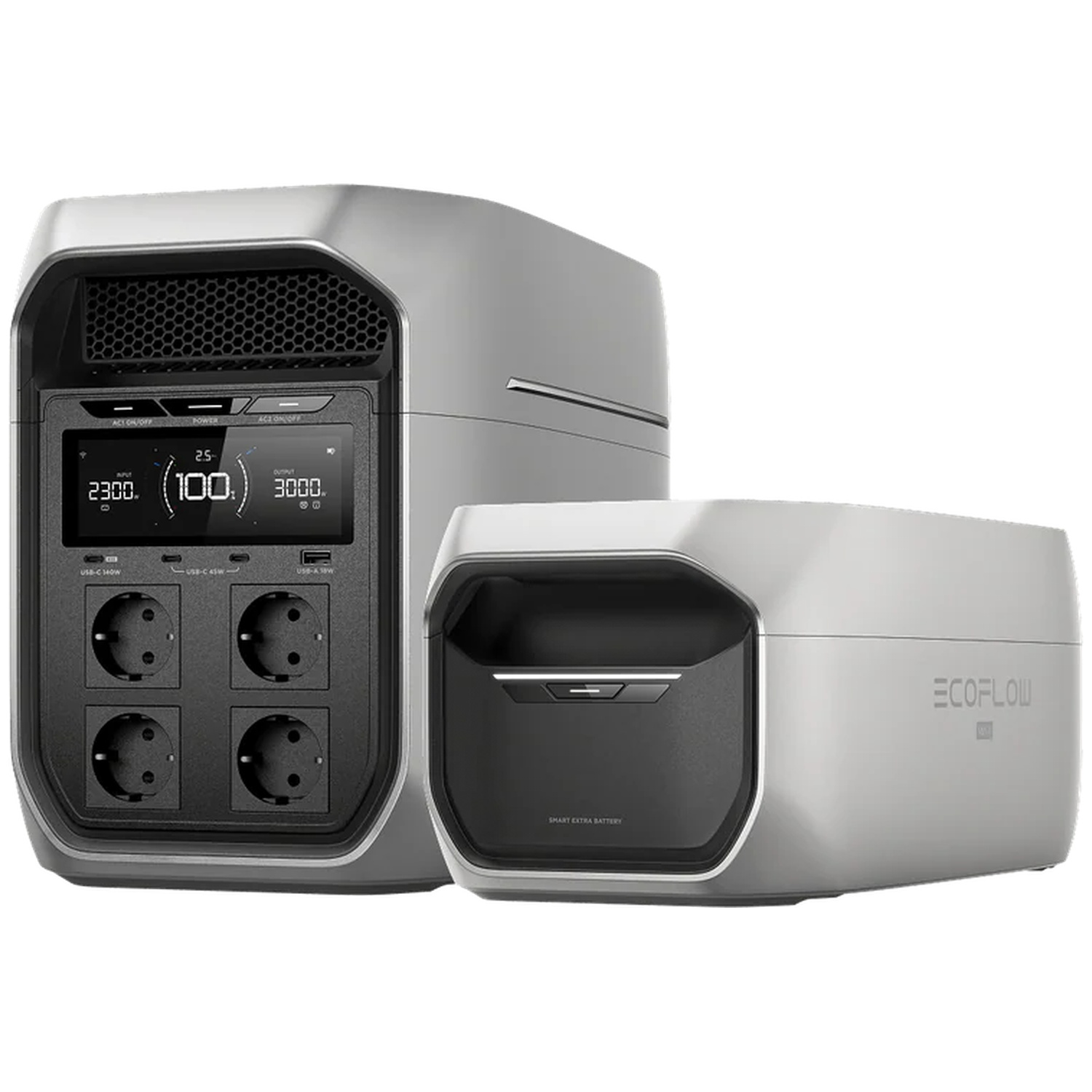 Two grey portable power stations, one with outlets and displays, the other an extra battery.