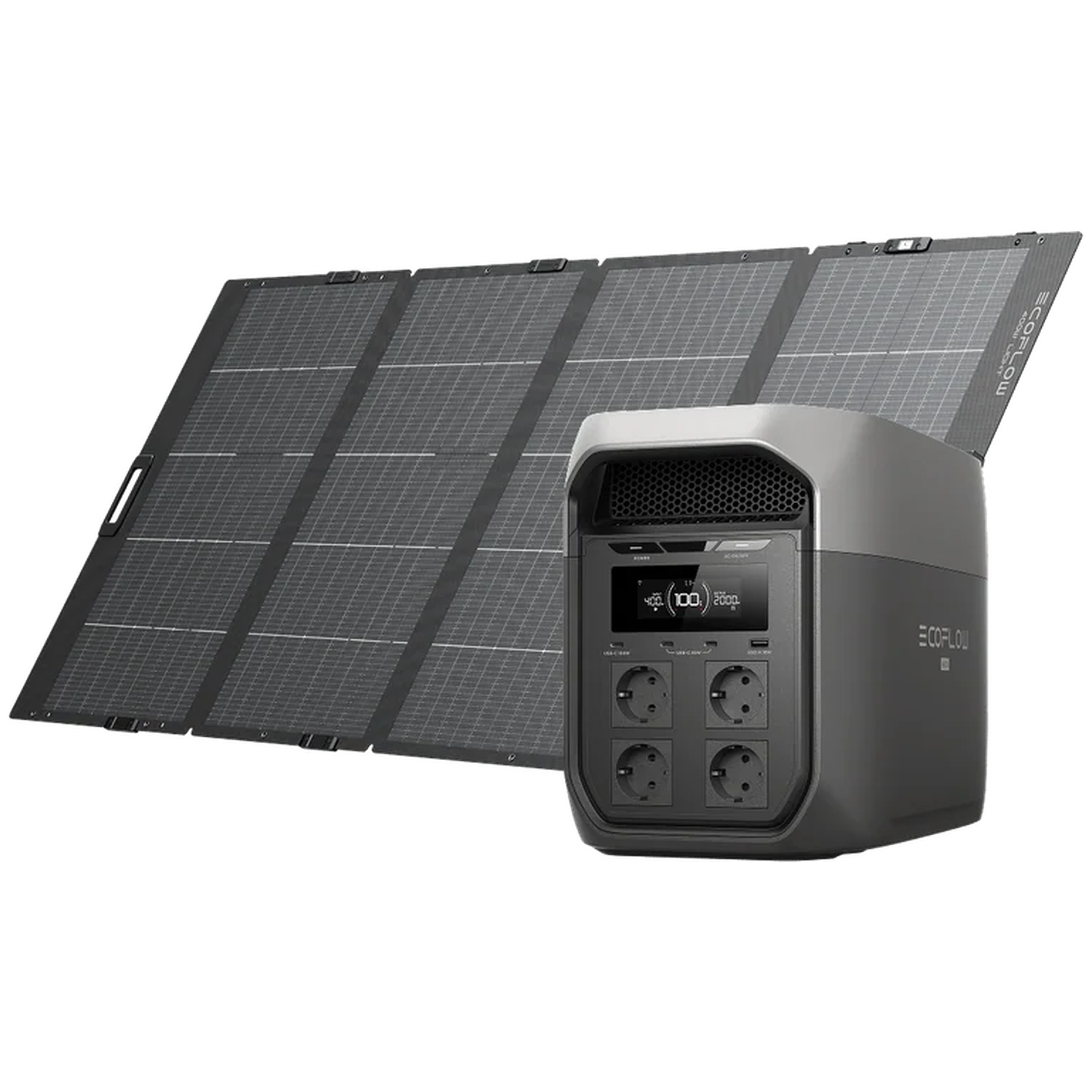 A portable power station and a foldable solar panel are shown side by side.