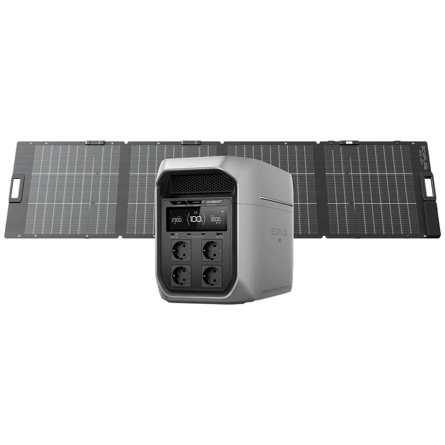 A gray power station with four outlets, flanked by two solar panels.