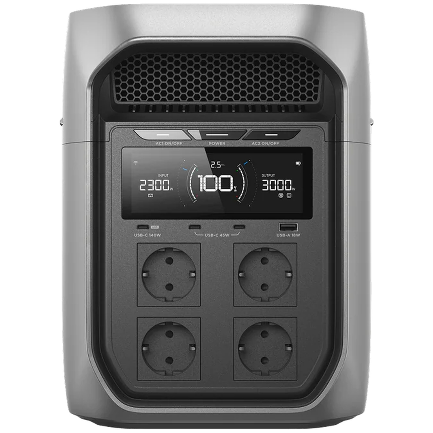 Gray power station with display, 4 outlets, and USB ports.