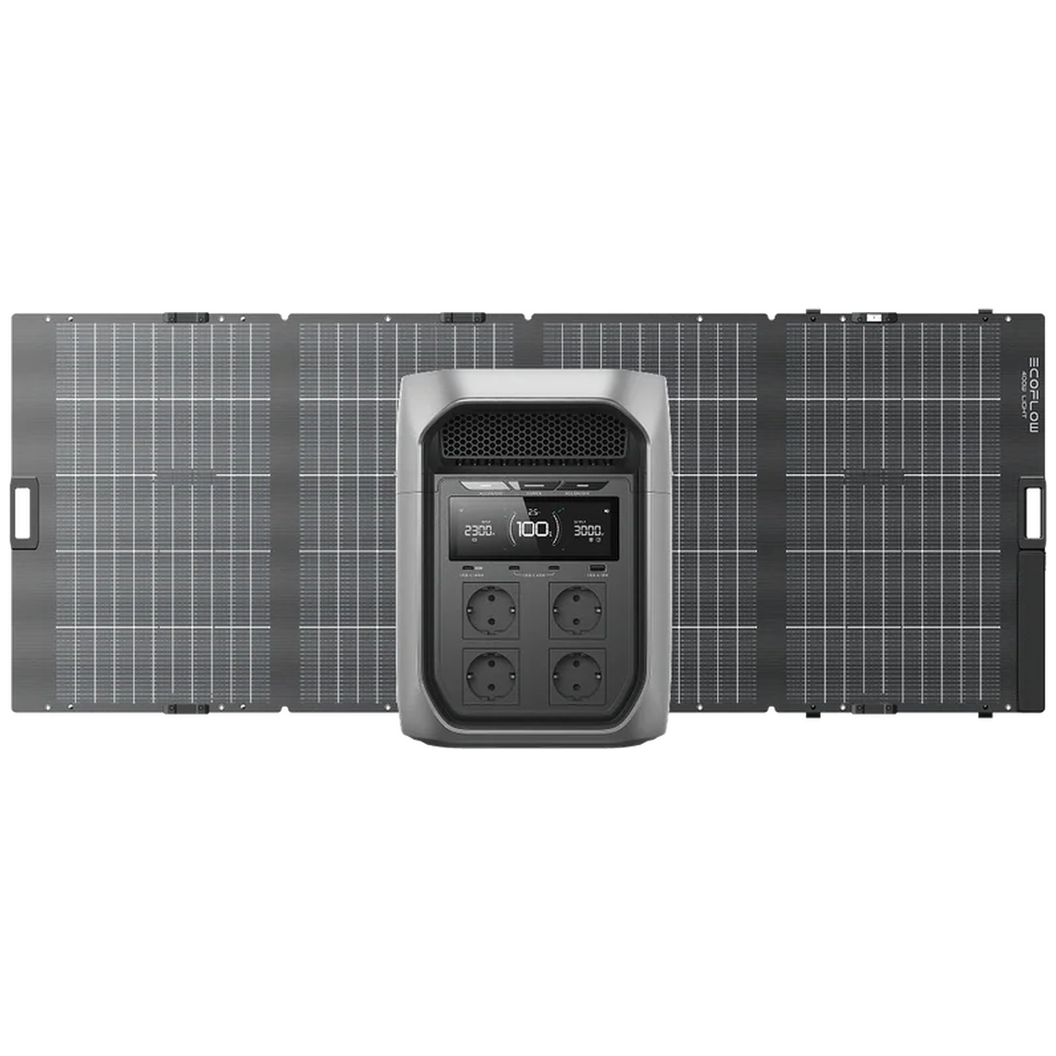 A grey power station stands between two folded solar panels.