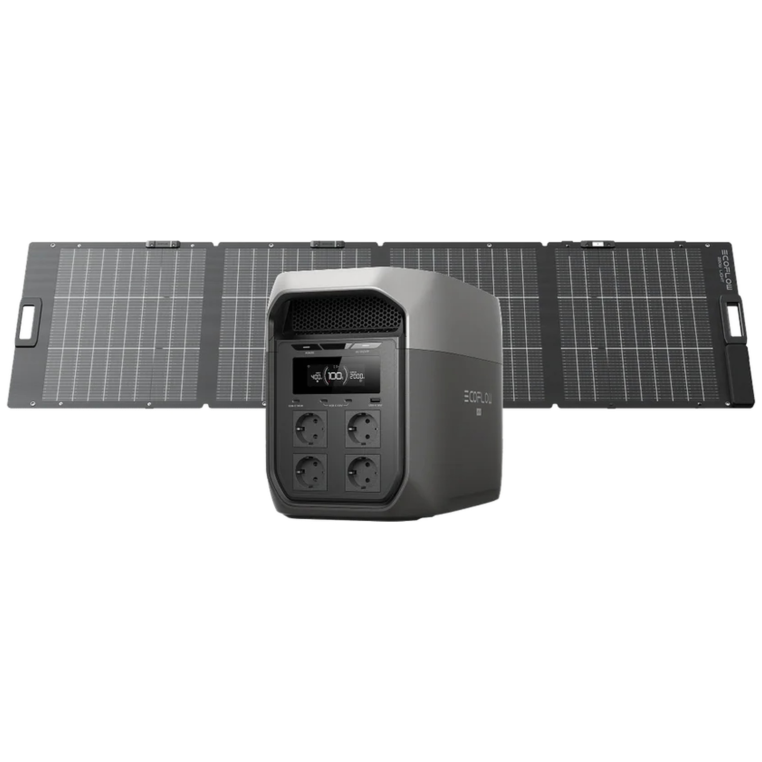 A grey power station is placed in front of two unfolded solar panels.