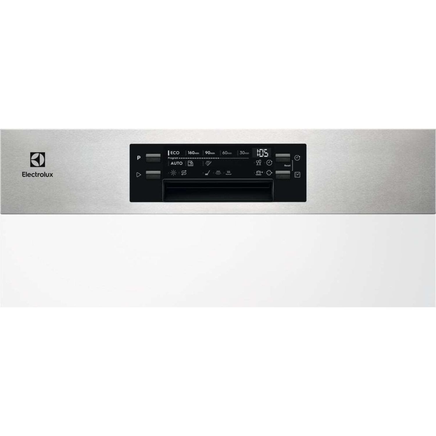 Pannello di controllo lavastoviglie Electrolux con selezione programmi e display digitale.