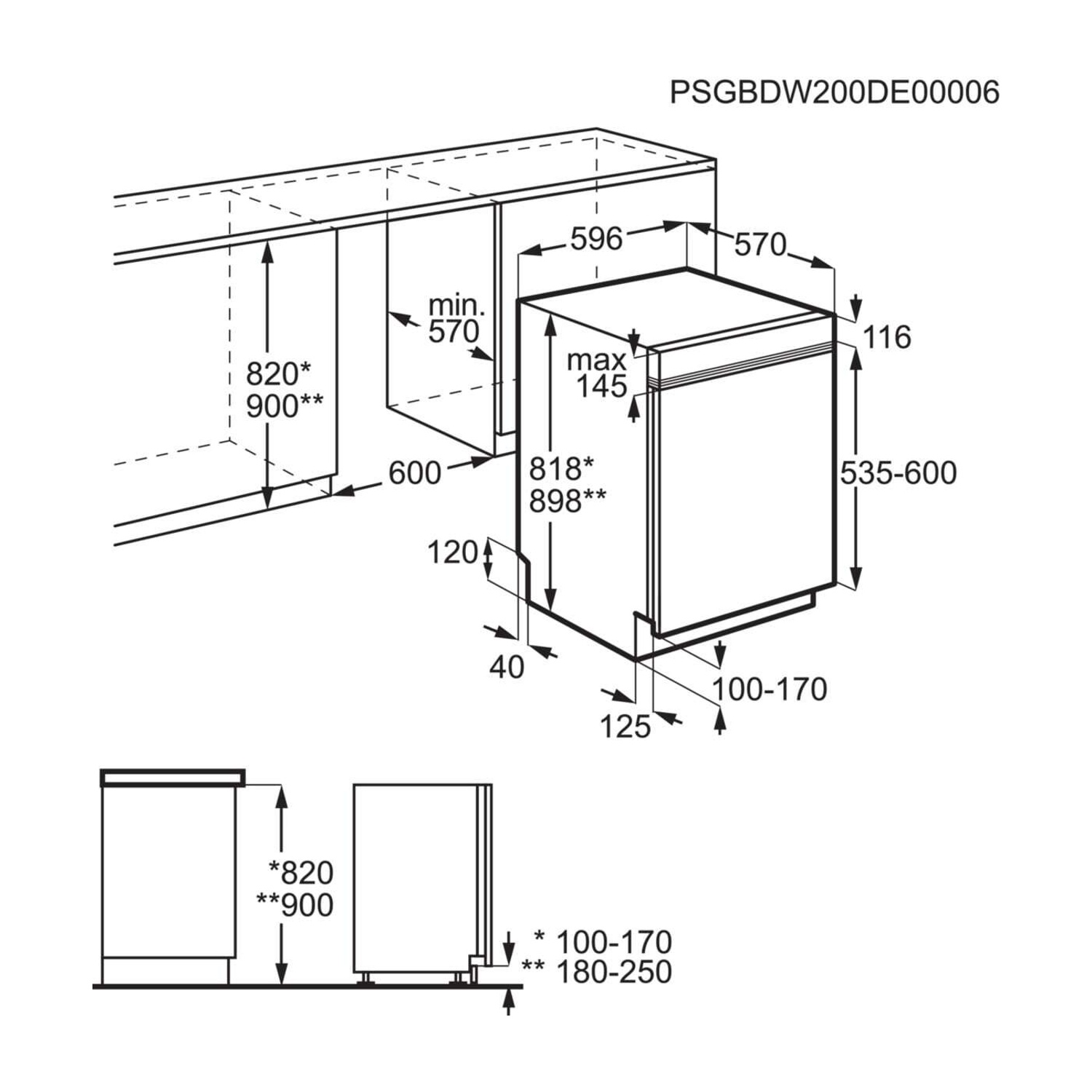 Disegno tecnico con dimensioni per elettrodomestici da incasso, dimensioni in mm.