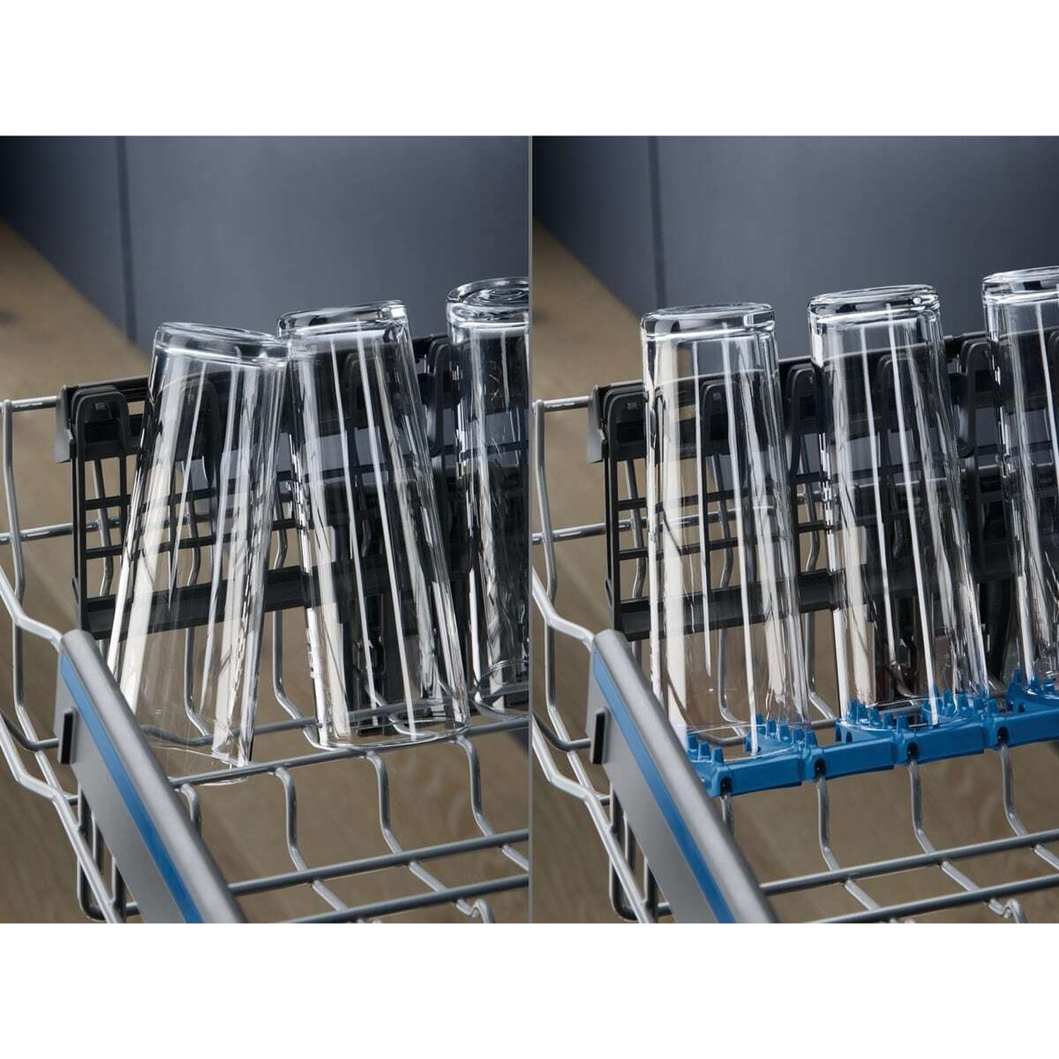 Bicchieri in una griglia per lavastoviglie, alcuni con supporti blu.