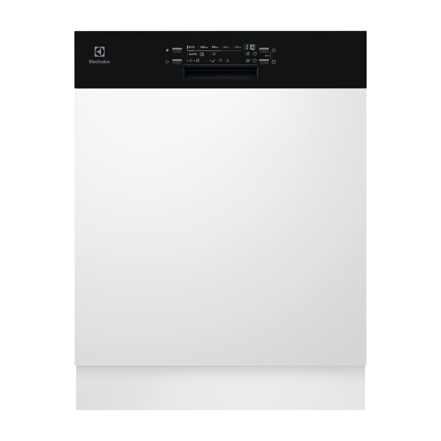 Una lavastoviglie bianca con pannello di controllo nero e logo Electrolux.