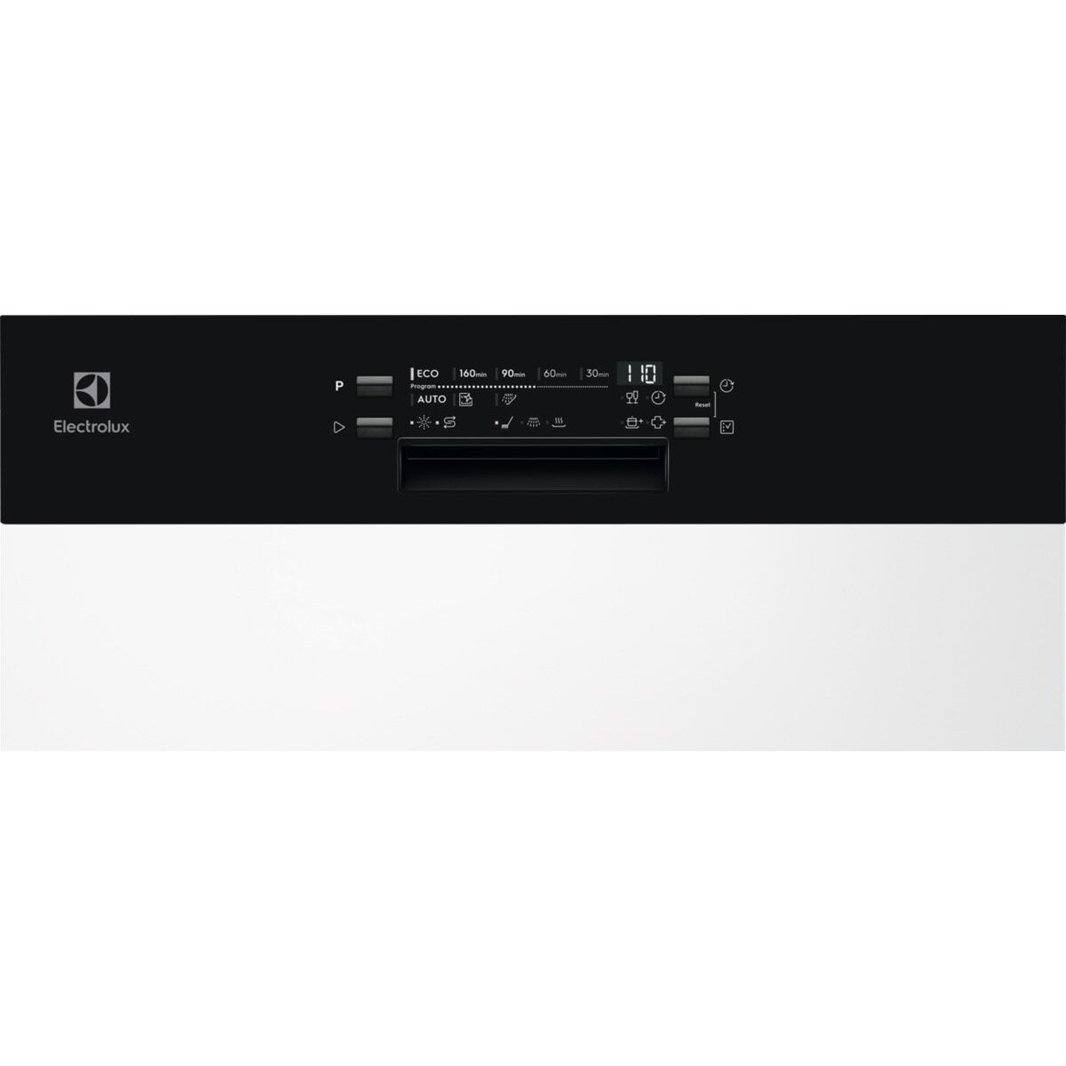 Pannello di controllo lavastoviglie Electrolux con selezione programmi, tempi e icone.