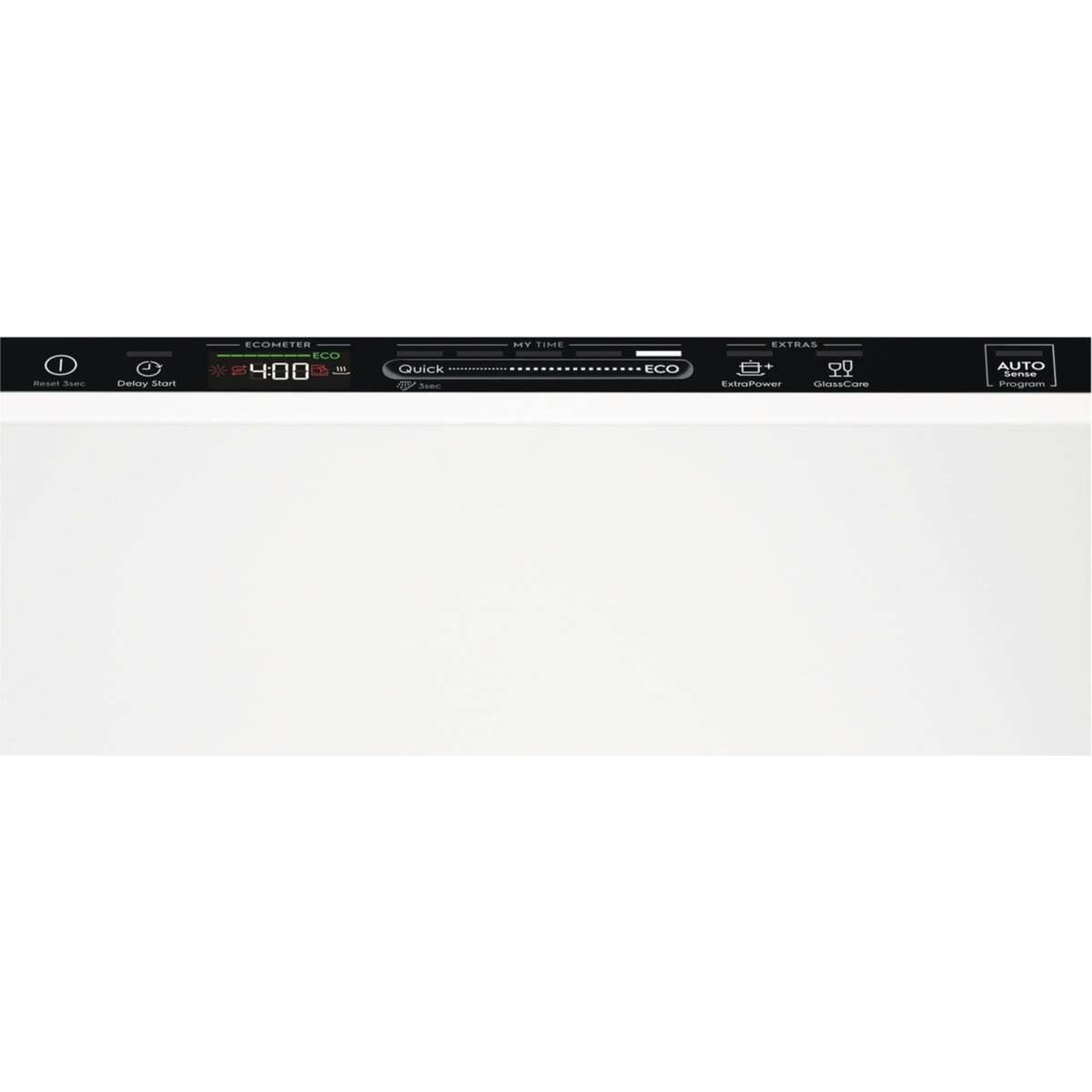 Pannello di controllo lavastoviglie con ora, programmi: Quick, ECO, ExtraPower, GlassCare, Auto Sense.