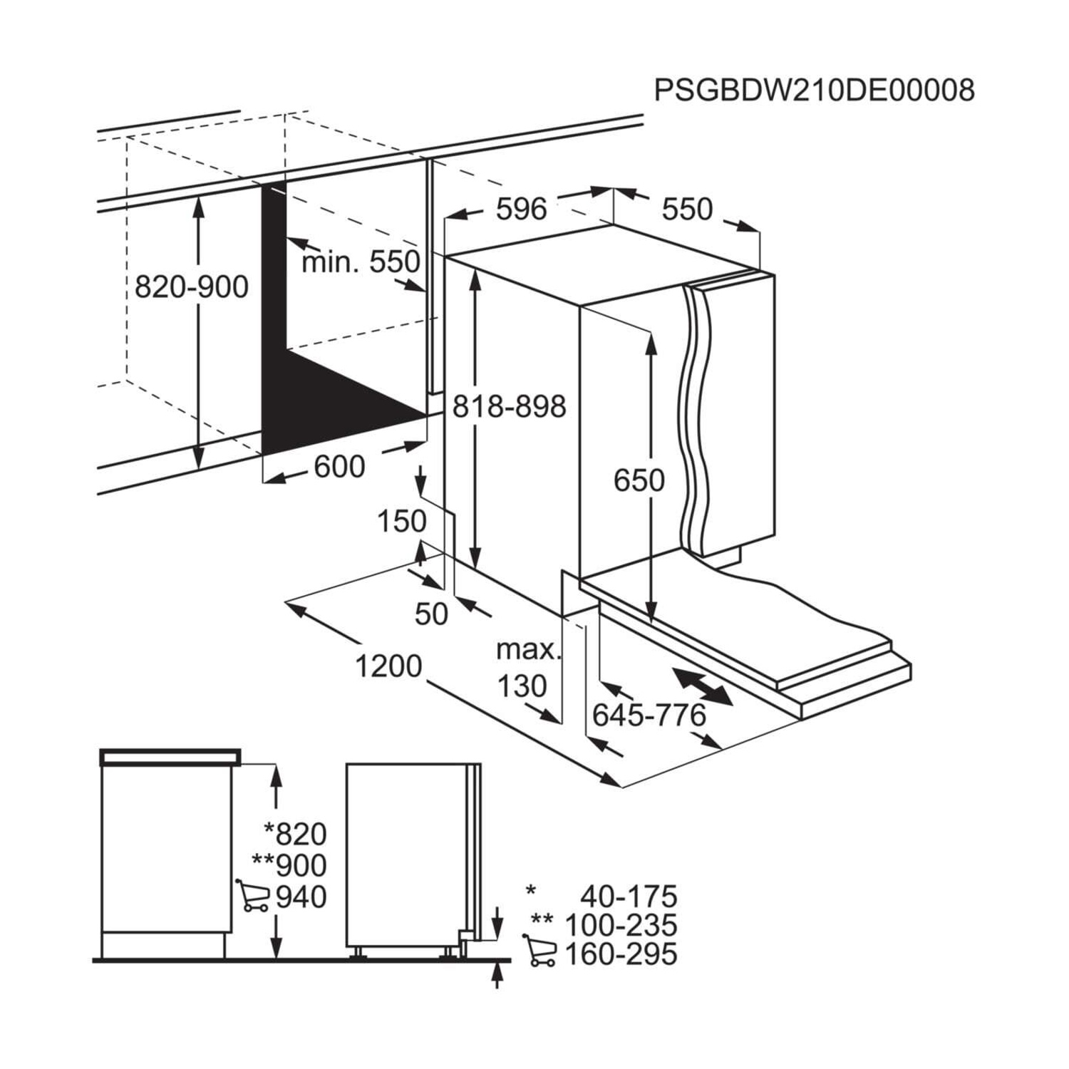 Disegno tecnico di una lavastoviglie con dimensioni e specifiche di installazione.