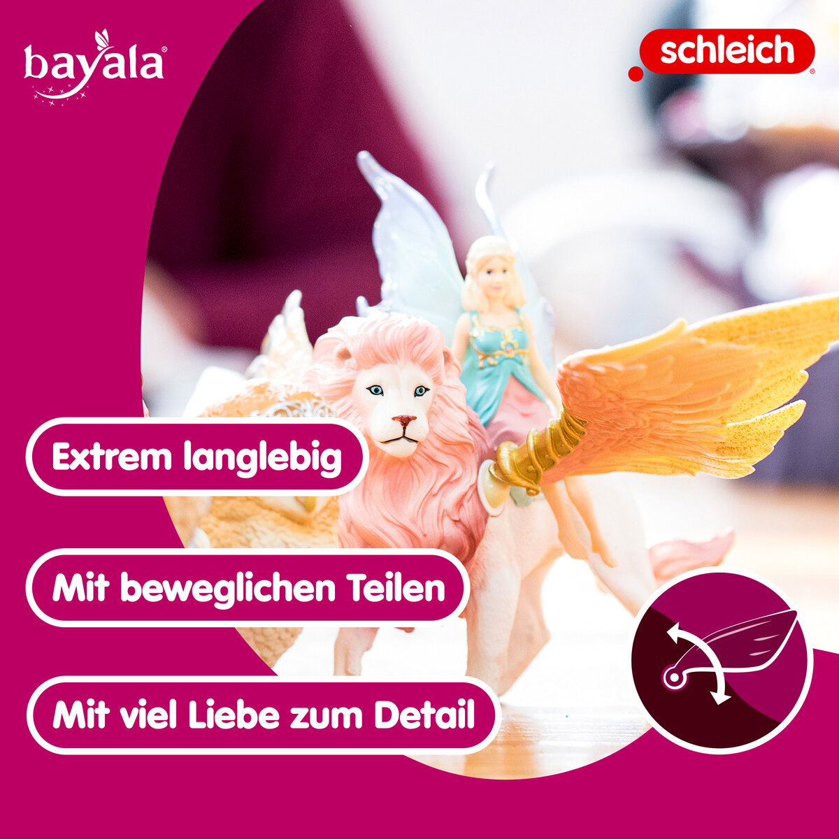 Schleich Bayala Figur: Ein geflügelter Löwe mit Fee. Langlebig, beweglich.