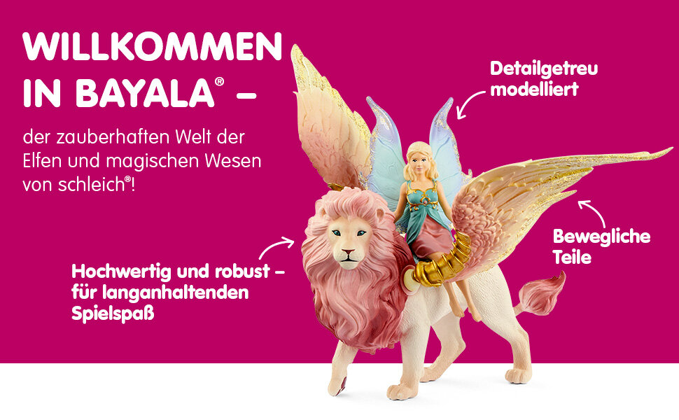 Eine Fee reitet auf einem Löwen mit Flügeln. Detailgetreu modelliert.